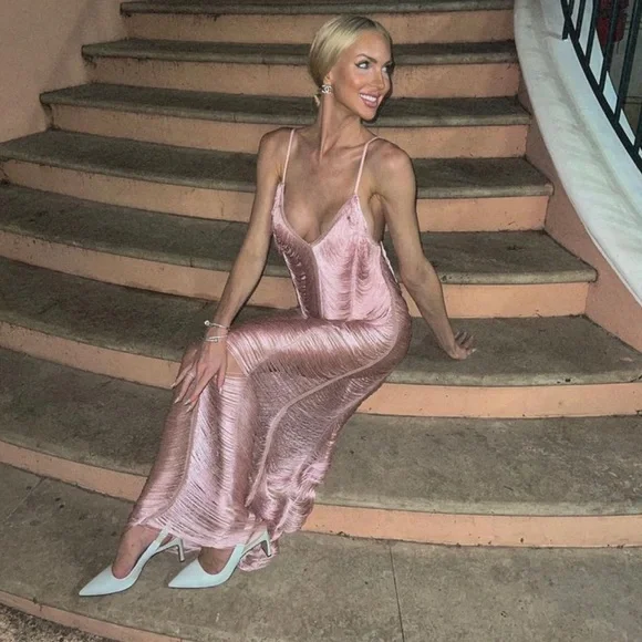 pink dress pretty little thing Women's Baby Satin Plisse Frill Detail Maxi ruched waist detail creates definition through the midsection Pretty Little Thing Strapless Ruffle